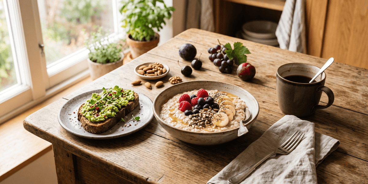 Healthy breakfast with fruit, wholegrains, nuts and coffee to represent everyday energy and balanced nutrition.