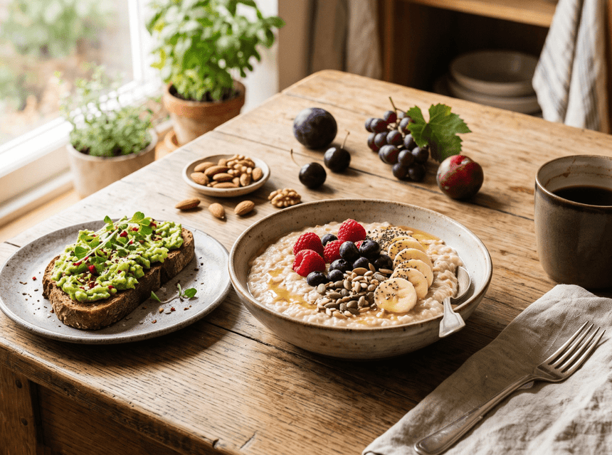 Healthy breakfast with fruit, wholegrains, nuts and coffee to represent everyday energy and balanced nutrition.