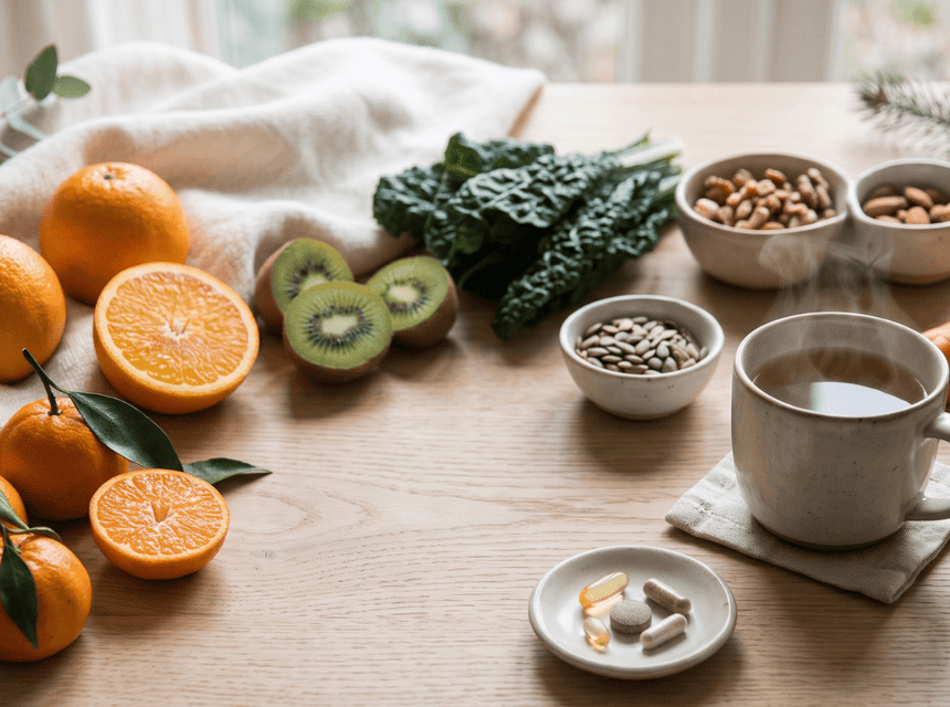 A selection of winter foods, a warm drink and vitamin supplements representing everyday health and wellbeing during winter.