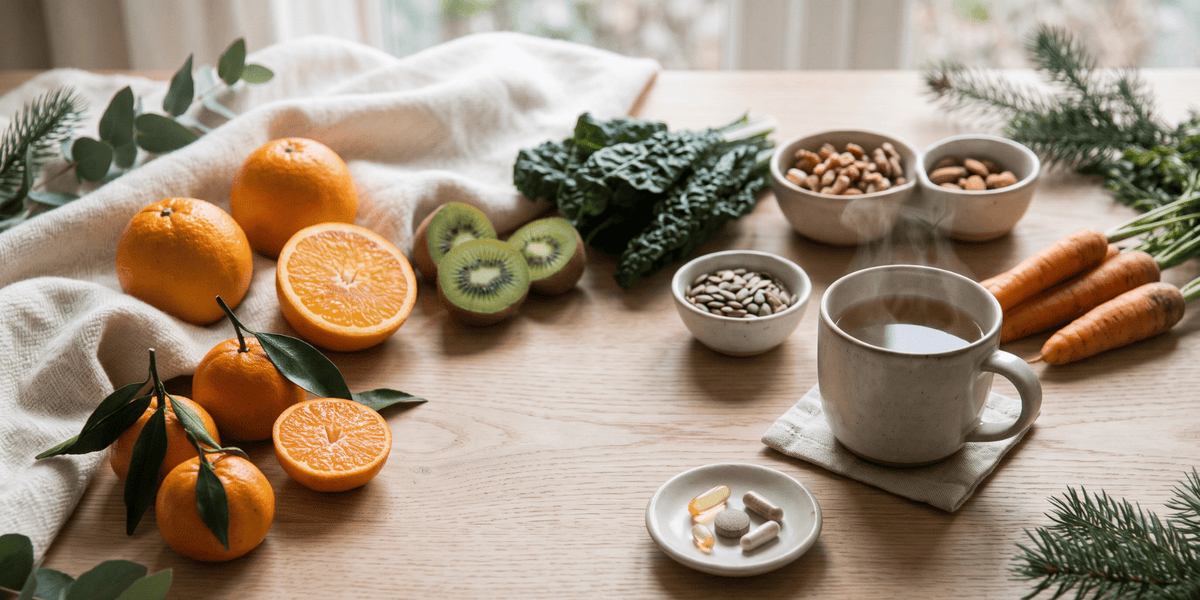 A selection of winter foods, a warm drink and vitamin supplements representing everyday health and wellbeing during winter.