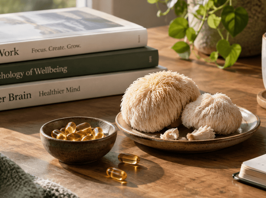 Lion's Mane mushrooms, omega-3 softgels and some books representing focus and cognitive wellbeing.