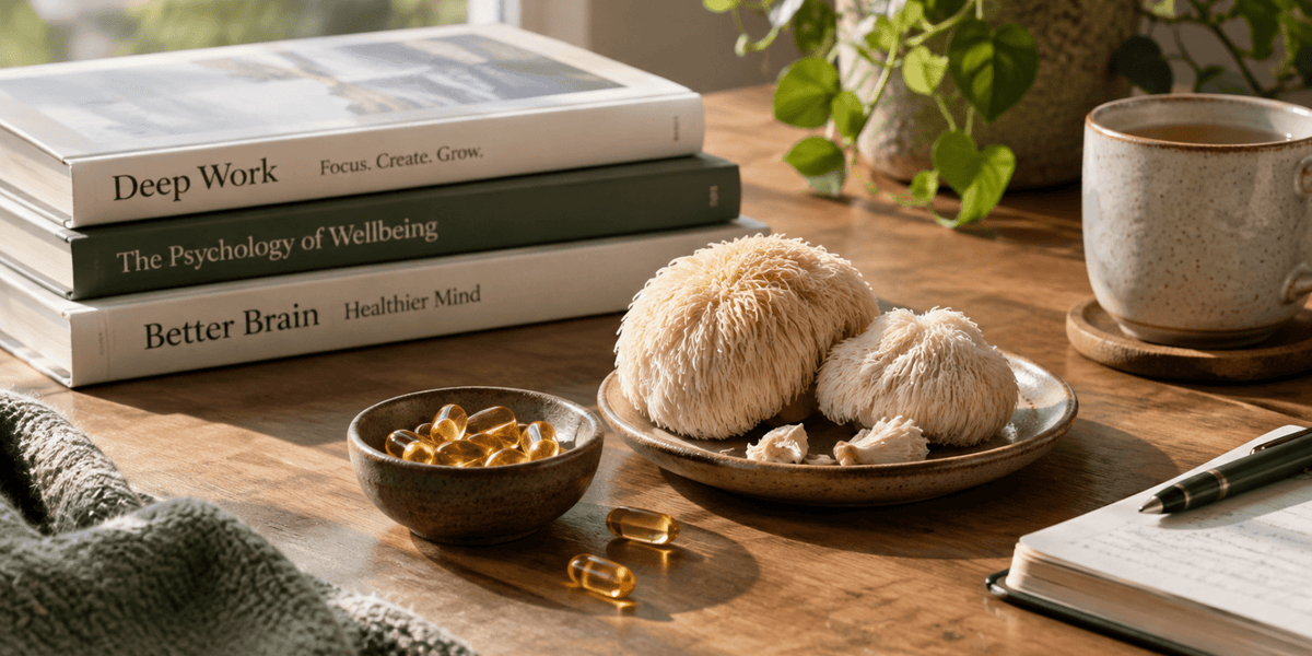Lion's Mane mushrooms, omega-3 softgels and some books representing focus and cognitive wellbeing.