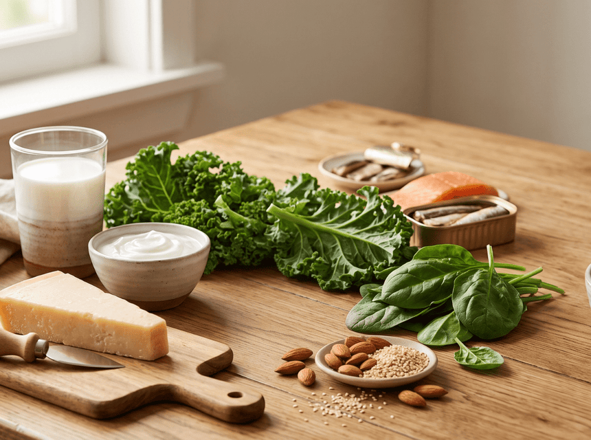 Calcium-rich foods, leafy greens and vitamin D supplements representing healthy bones and active ageing.