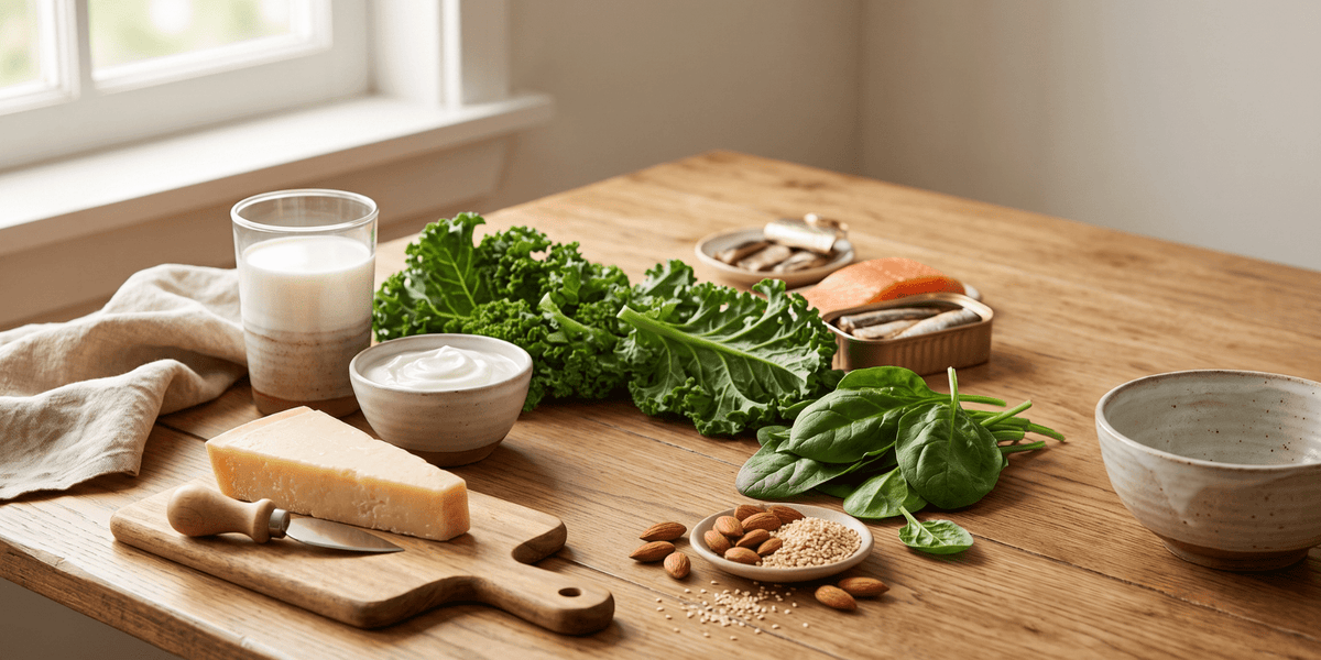Calcium-rich foods, leafy greens and vitamin D supplements representing healthy bones and active ageing.