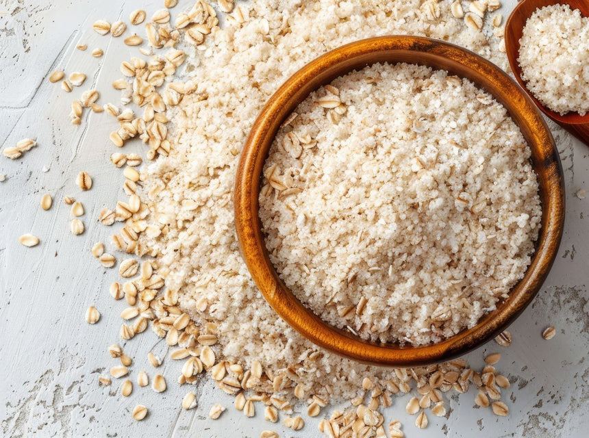 Wooden bowl of oats with a spoon and scattered grains on a light surface