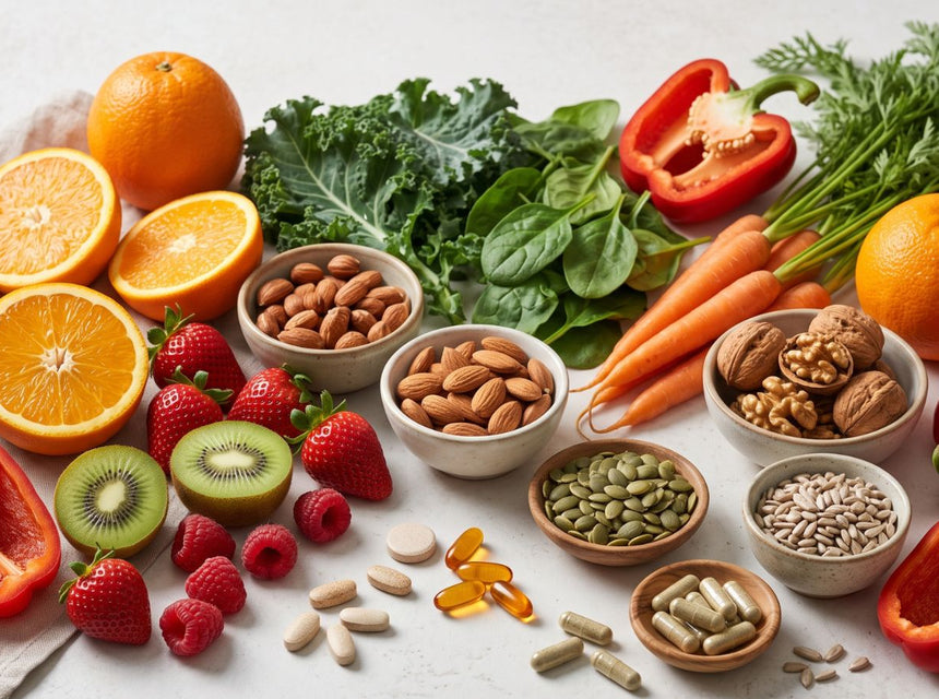 A selection of colourful fruit, vegetables, nuts and seeds alongside vitamin supplements representing nutrition for immune health.