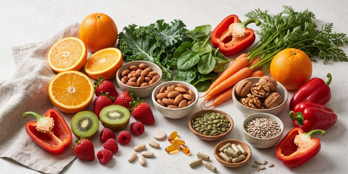 A selection of colourful fruit, vegetables, nuts and seeds alongside vitamin supplements representing nutrition for immune health.