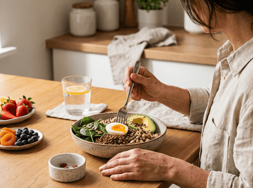 Iron-rich foods including leafy greens, lentils, beans and red meat representing iron and women's health.