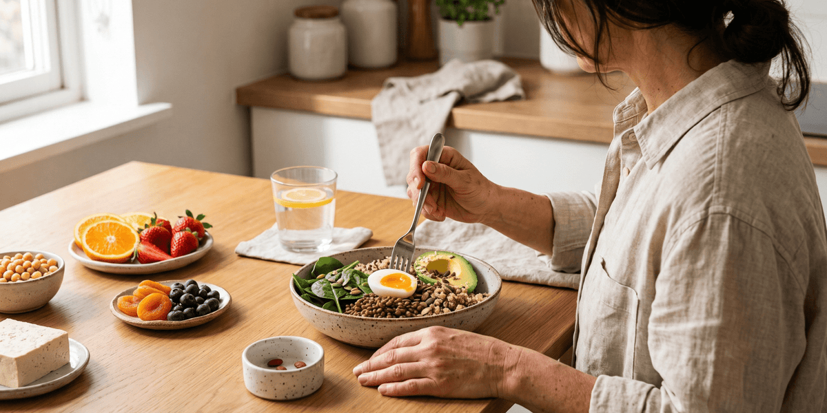 Iron-rich foods including leafy greens, lentils, beans and red meat representing iron and women's health.