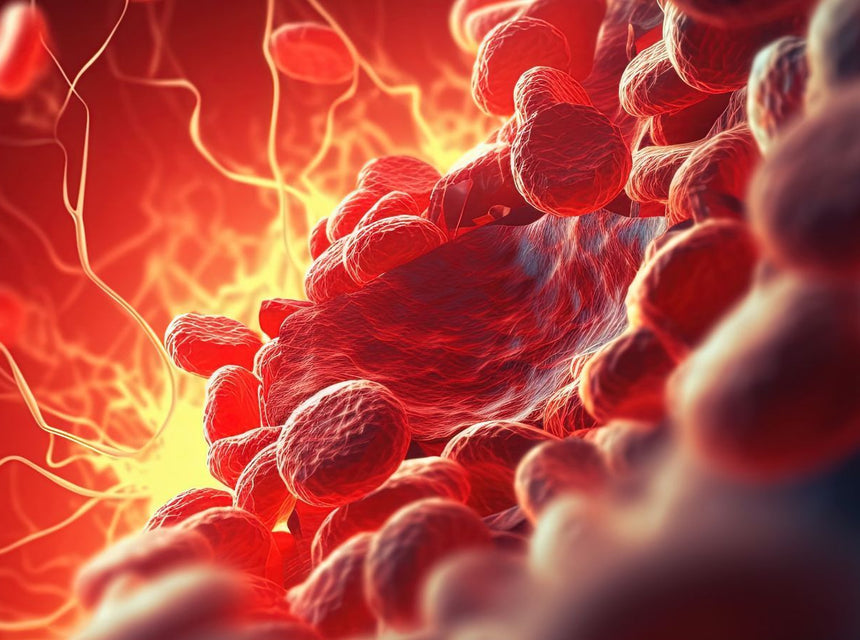 Close up view of red blood cells flowing through a blood vessel.