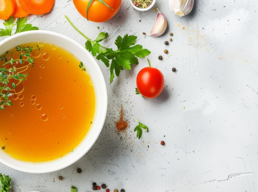 Bowl of golden bone broth with herbs and vegetables on a light textured background
