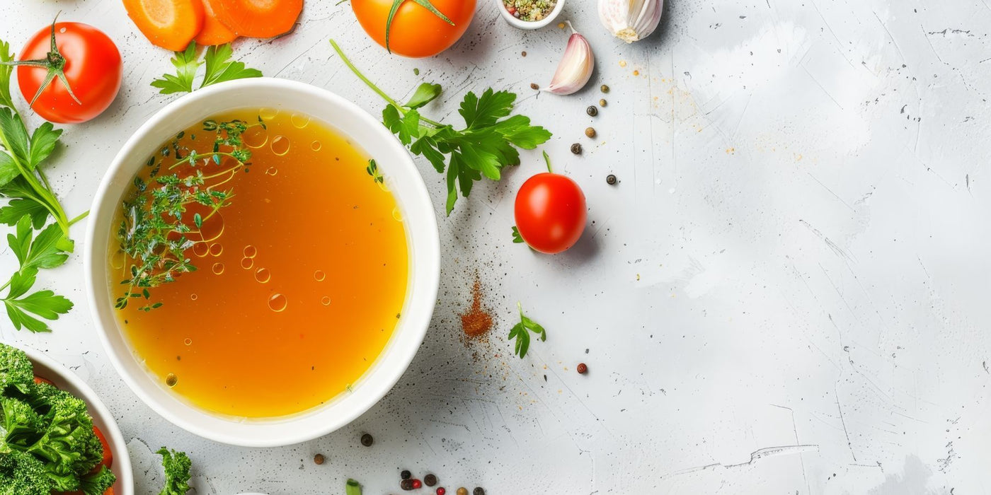 Bowl of golden bone broth with herbs and vegetables on a light textured background