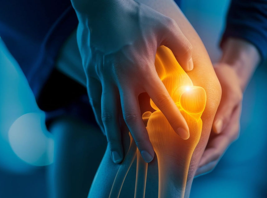 Hands cradle a knee with an orange glow over the joint to illustrate joint health