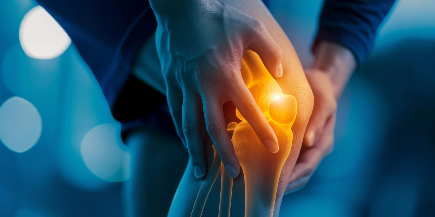 Hands cradle a knee with an orange glow over the joint to illustrate joint health
