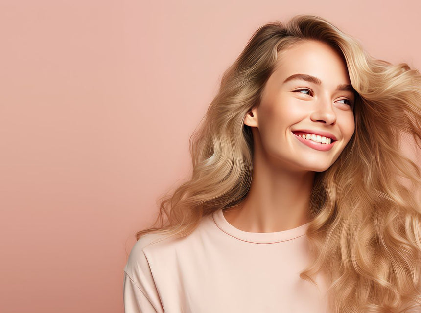 Smiling woman with long blonde hair against a soft peach background.
