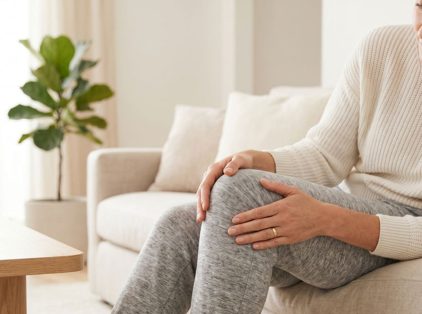 Woman on a bright living room sofa holding her knee to illustrate joint pain