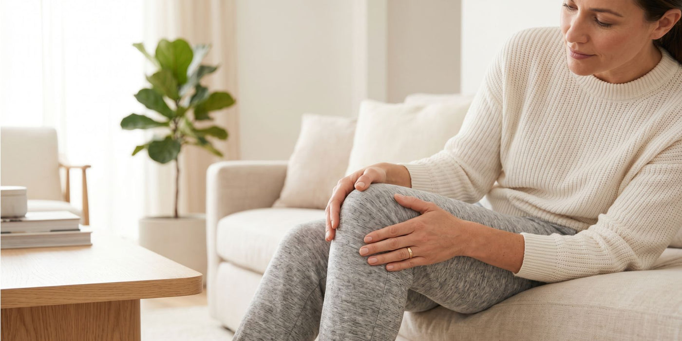 Woman on a bright living room sofa holding her knee to illustrate joint pain