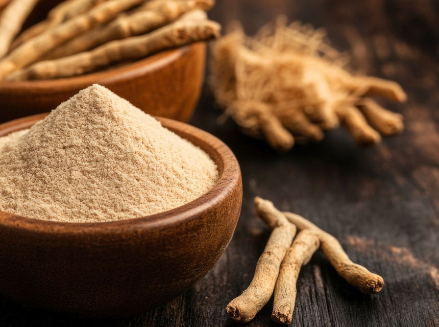 Ground ashwagandha powder in a wooden bowl with dried roots beside it