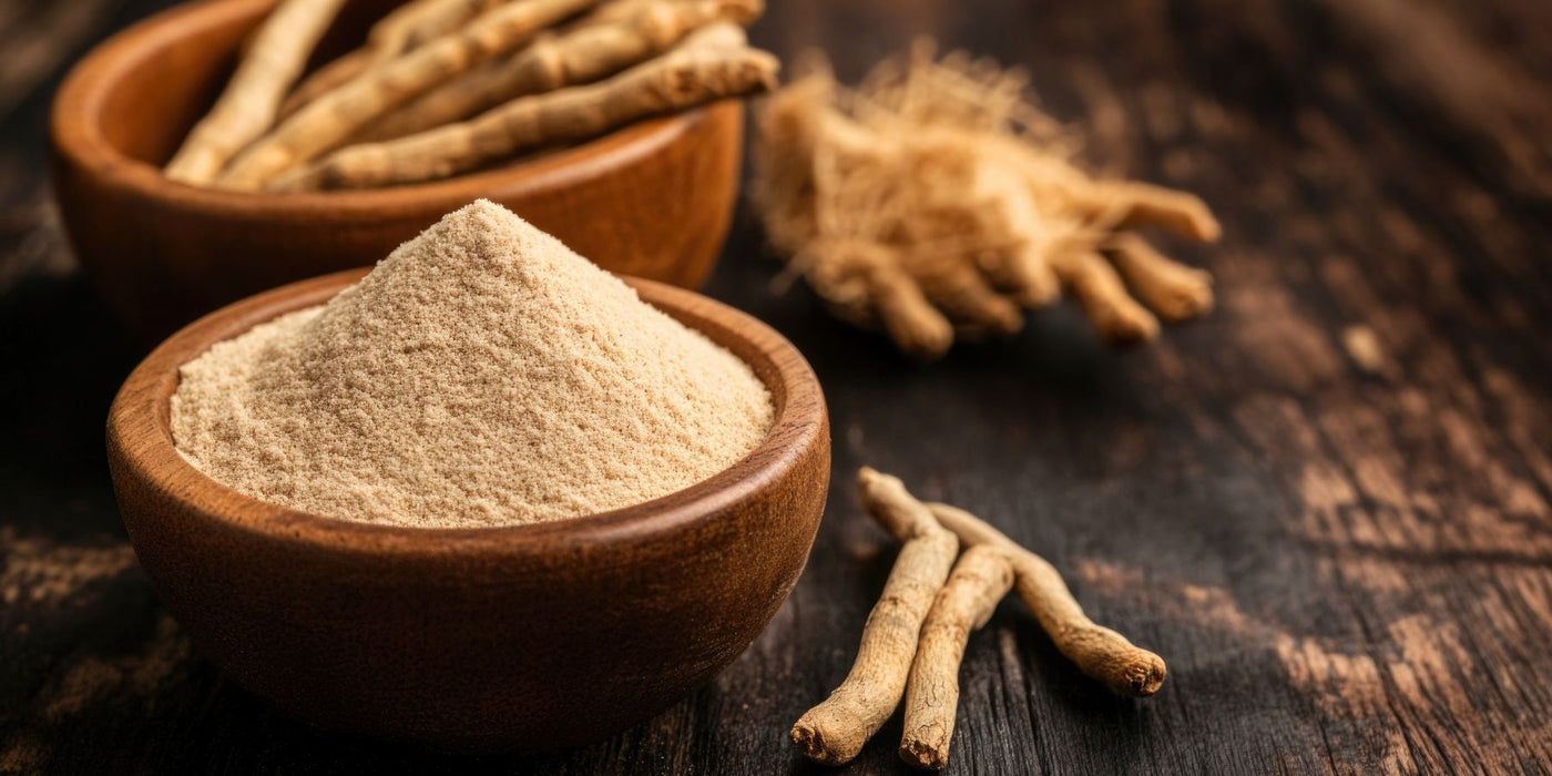 Ground ashwagandha powder in a wooden bowl with dried roots beside it