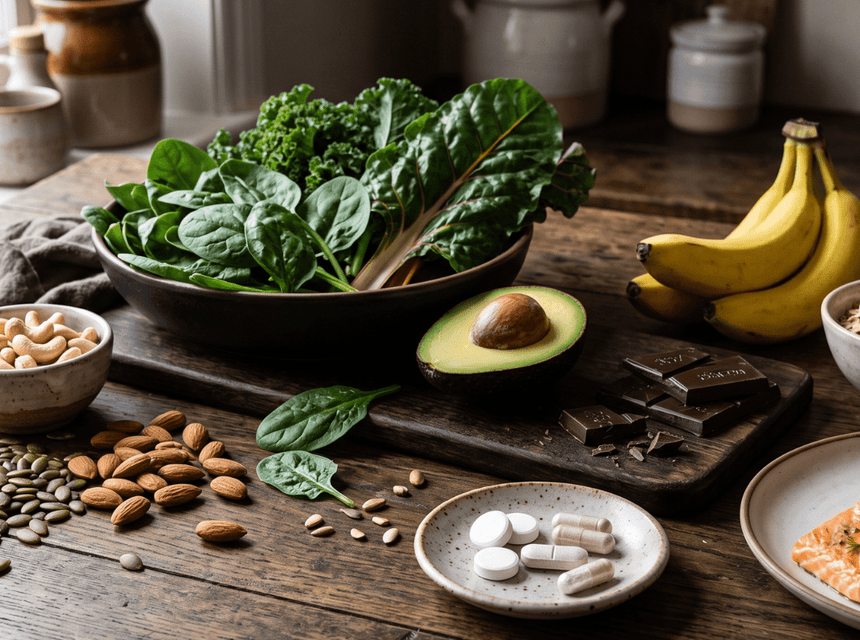 Different types of food high in magnesium such as dark chocolate, leafy greens and nuts