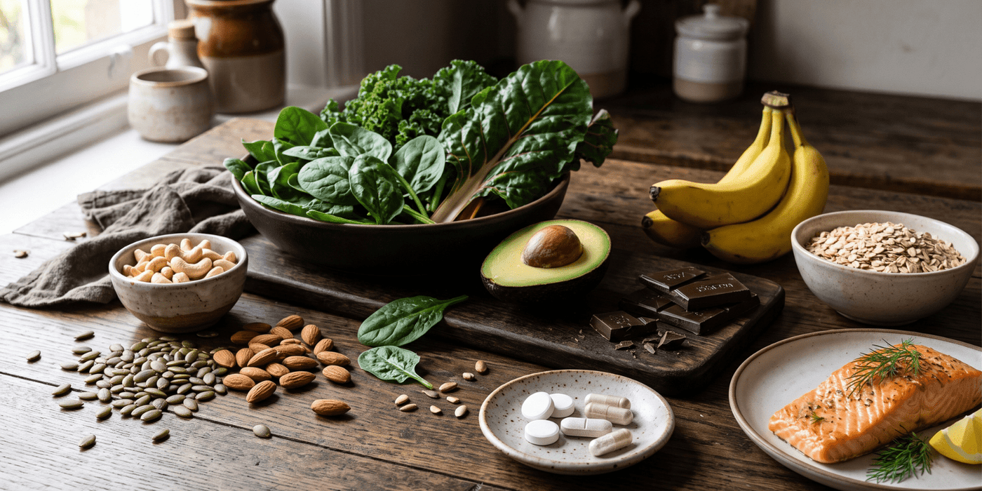 Different types of food high in magnesium such as dark chocolate, leafy greens and nuts