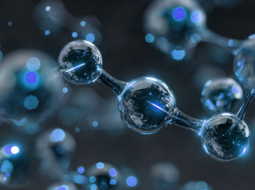 Close up of a blue glass molecular model with connected spheres and bonds.