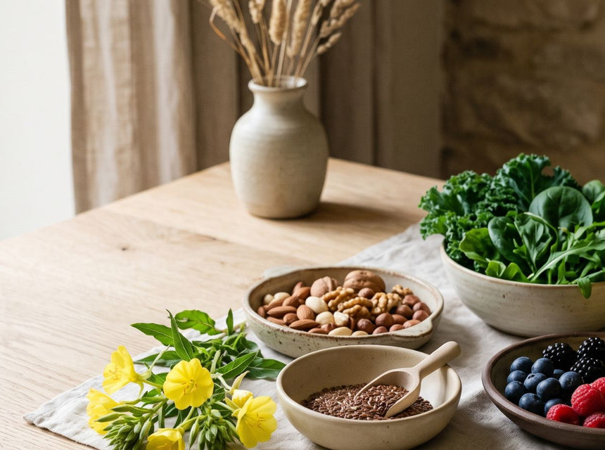Selection of fruits and evening primrose flower to represent menopause support.