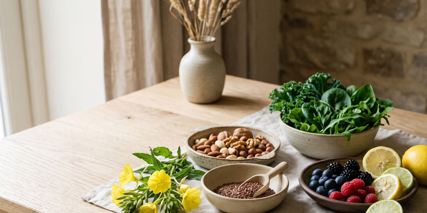 Selection of fruits and evening primrose flower to represent menopause support.