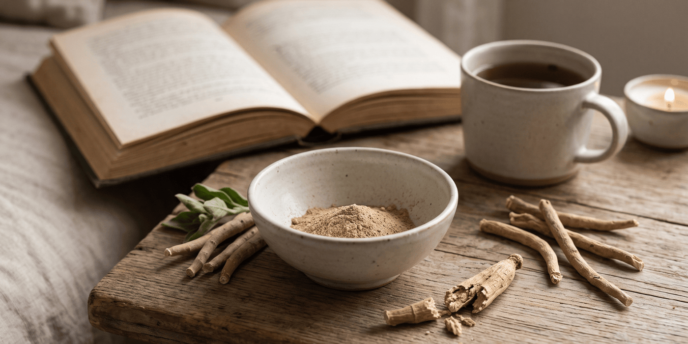 Healthy lifestyle essentials including vitamins, magnesium supplements, nutritious foods and a calming evening routine for managing stress