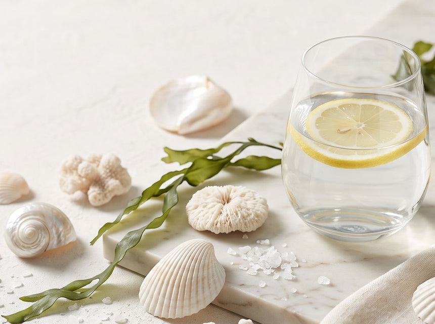 Sea shells, lemon and healthy skin imagery to represent collagen supplementation