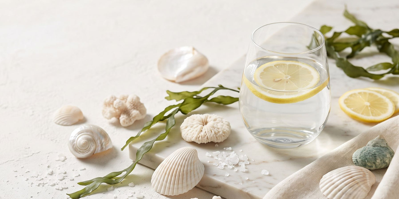Sea shells, lemon and healthy skin imagery to represent collagen supplementation