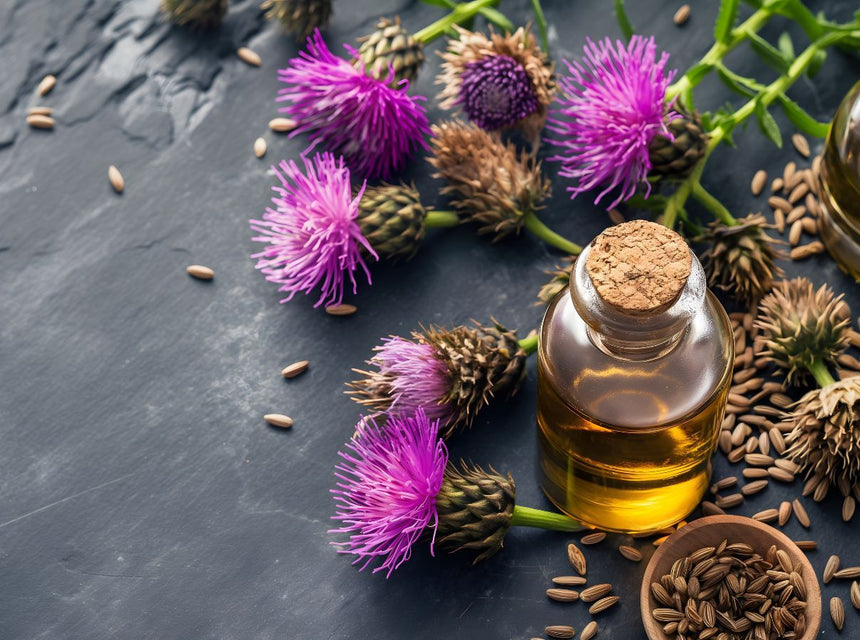 Two corked glass bottles of golden oil with purple milk thistle blossoms and seeds on a dark slate surface