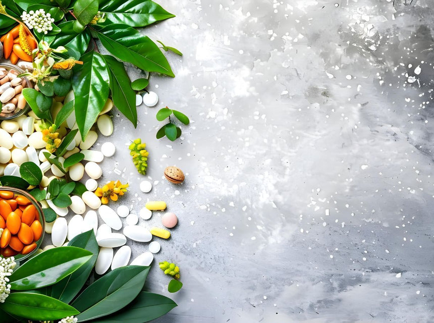 Assorted vitamins and supplements arranged with fresh greenery on a light marble background