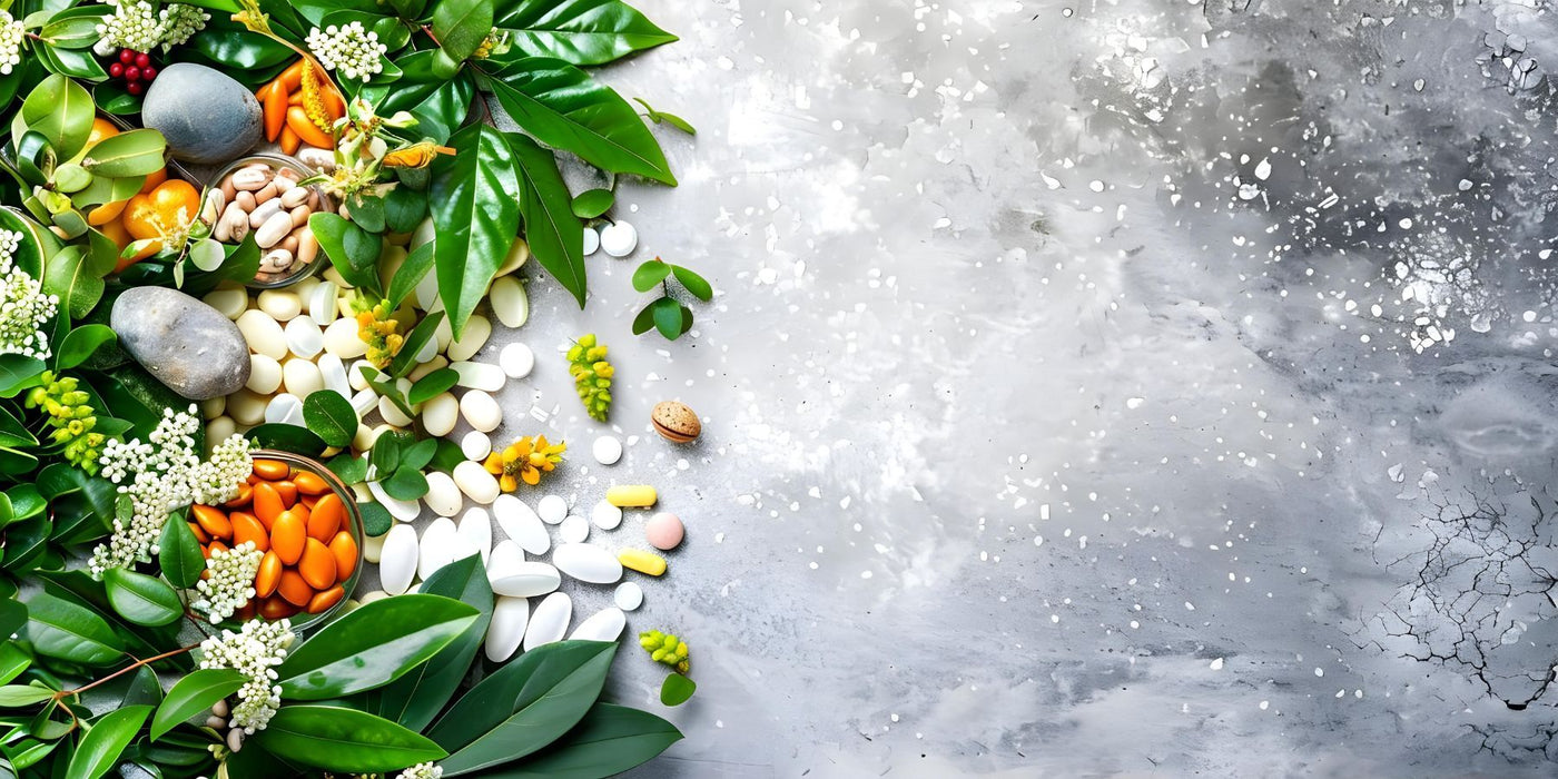 Assorted vitamins and supplements arranged with fresh greenery on a light marble background