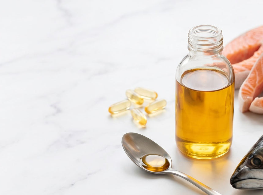 Bottle of fish oil with a spoon, salmon fillet and almonds on a marble surface