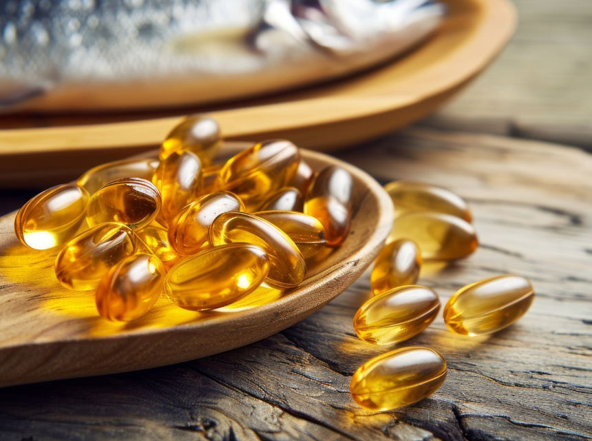 Omega-3 soft gel capsules on a wooden spoon with a blurred plate of fish in the background
