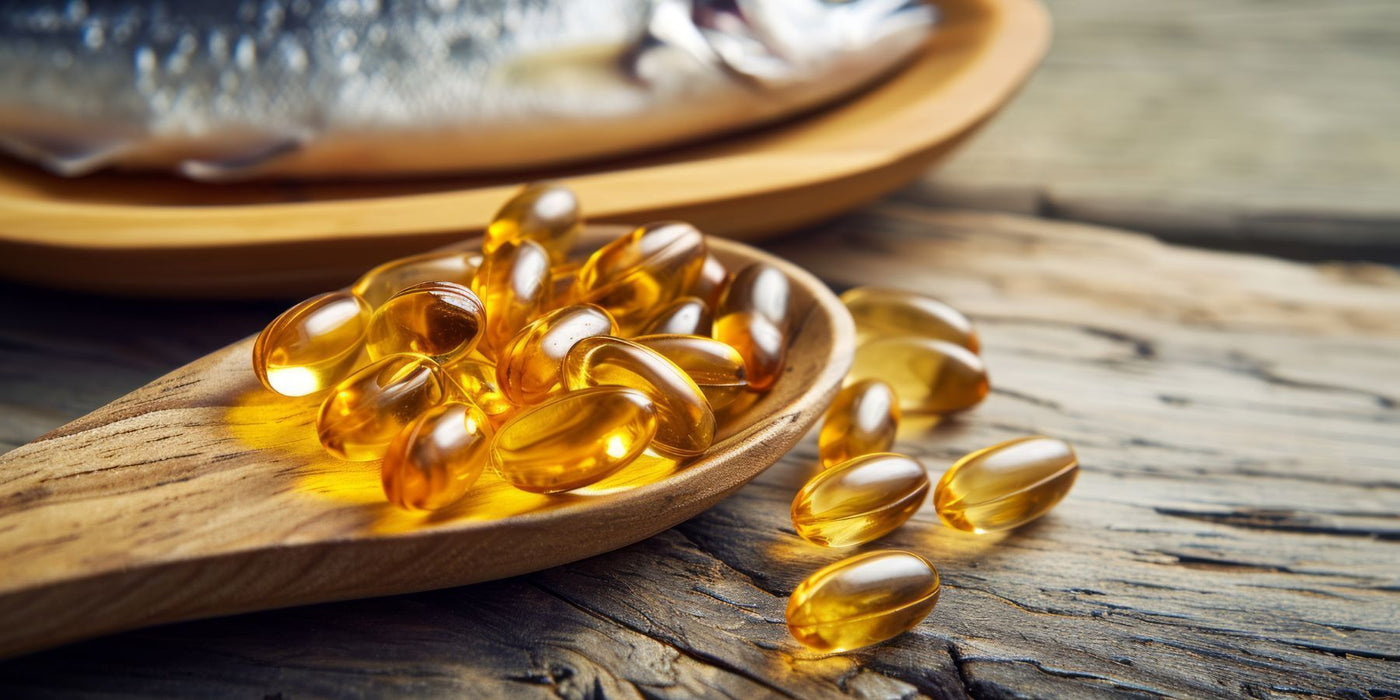Omega-3 soft gel capsules on a wooden spoon with a blurred plate of fish in the background