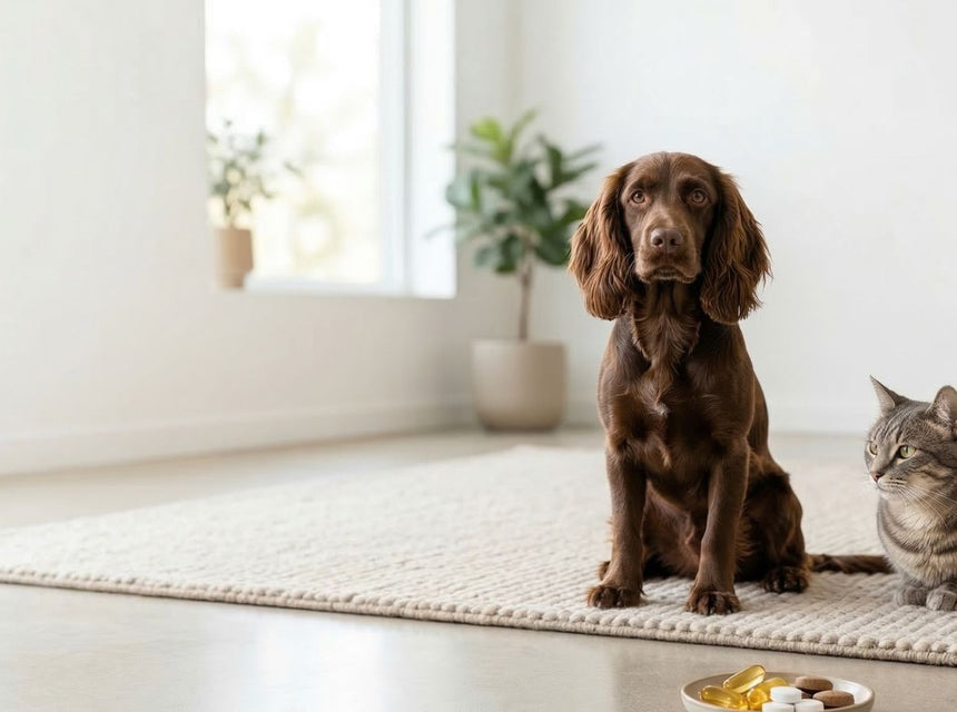 Brown spaniel dog and gray tabby cat sit on a light rug in a bright living room with a plate of supplements nearby