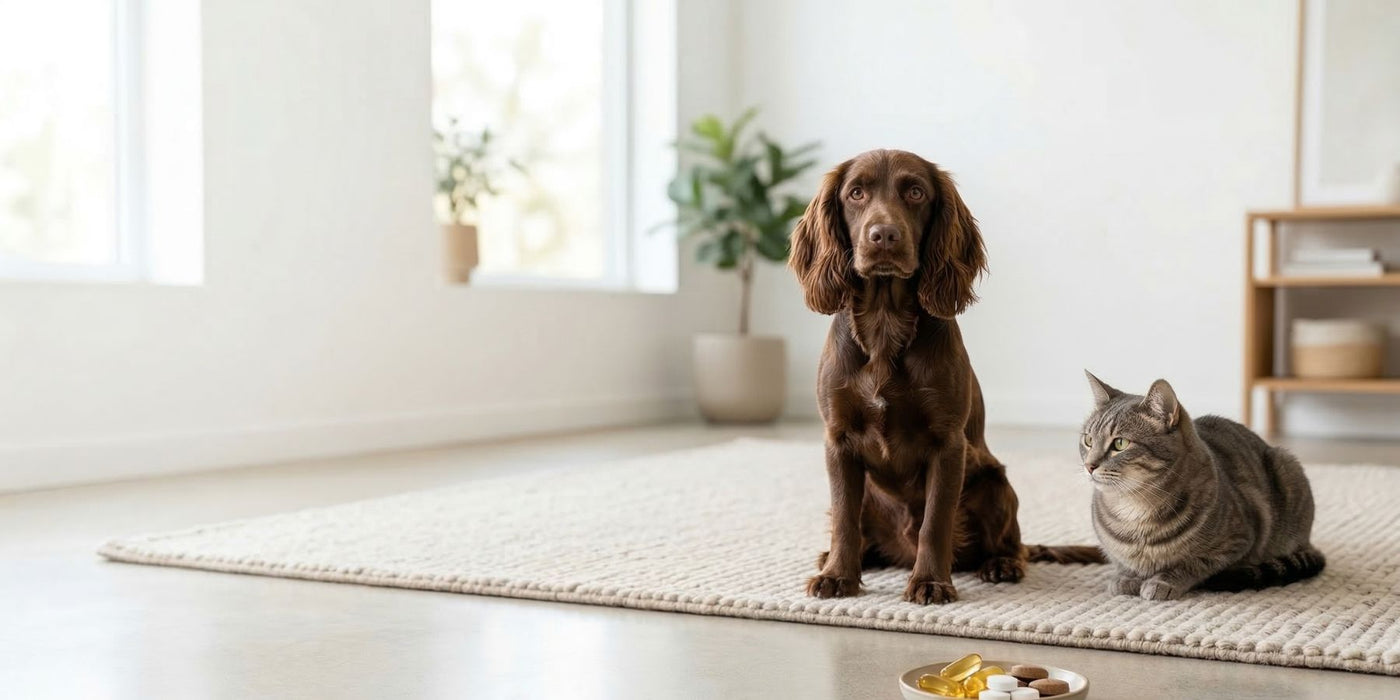 Brown spaniel dog and gray tabby cat sit on a light rug in a bright living room with a plate of supplements nearby