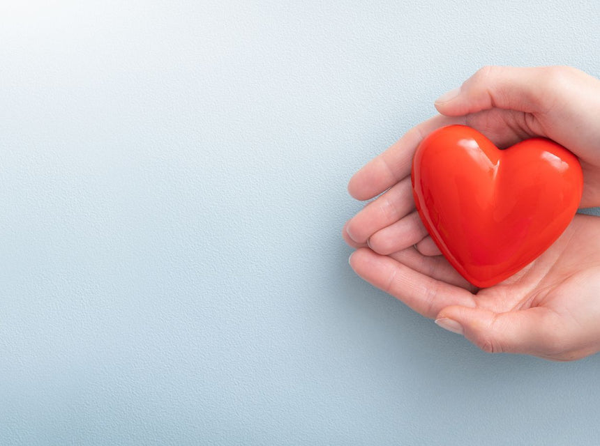 Hands cradle a red heart against a pale blue textured background