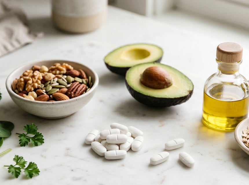 Plant sterol supplement capsules beside nuts, seeds and heart-healthy foods