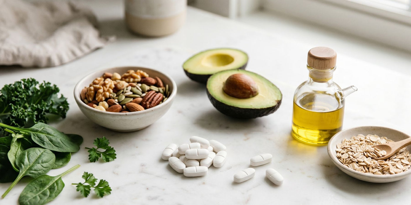 Plant sterol supplement capsules beside nuts, seeds and heart-healthy foods