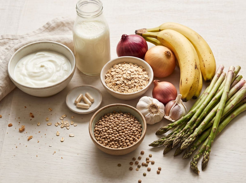 Fibre-rich foods including wholegrains, fruit, vegetables, lentils, nuts and seeds alongside yoghurt representing prebiotics, probiotics and gut health.