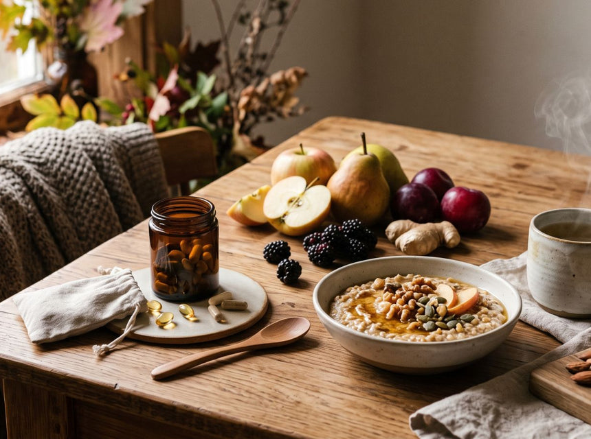 Autumn wellness essentials including vitamins, supplements, seasonal fruit and warm healthy foods