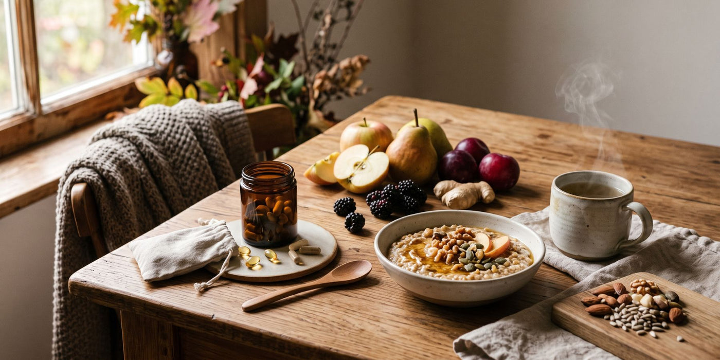 Autumn wellness essentials including vitamins, supplements, seasonal fruit and warm healthy foods
