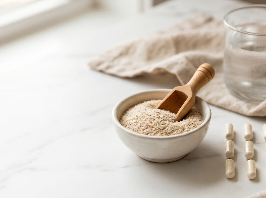 Psyllium husk powder beside fibre tablets and water for digestive and gut health support