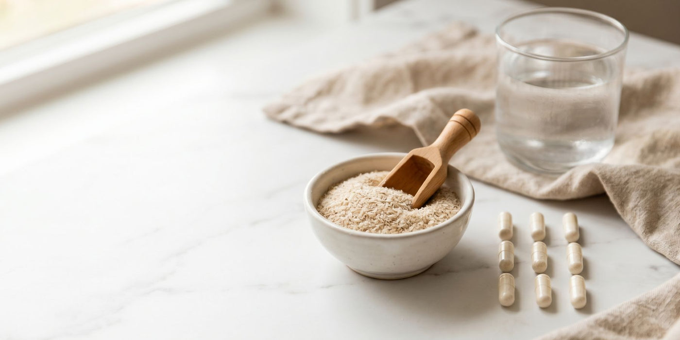 Psyllium husk powder beside fibre tablets and water for digestive and gut health support