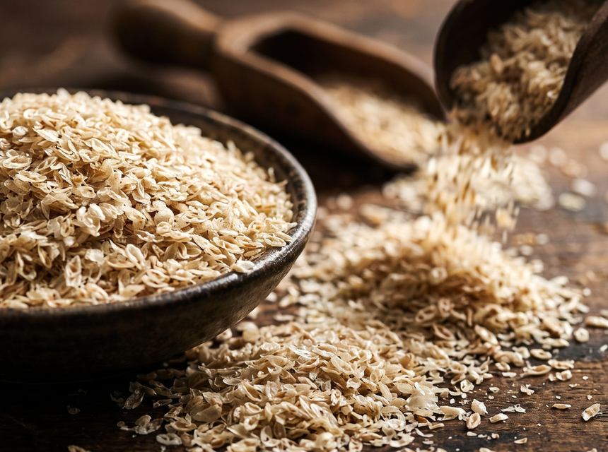 Psyllium husk in a big bowl and on a wooden table top