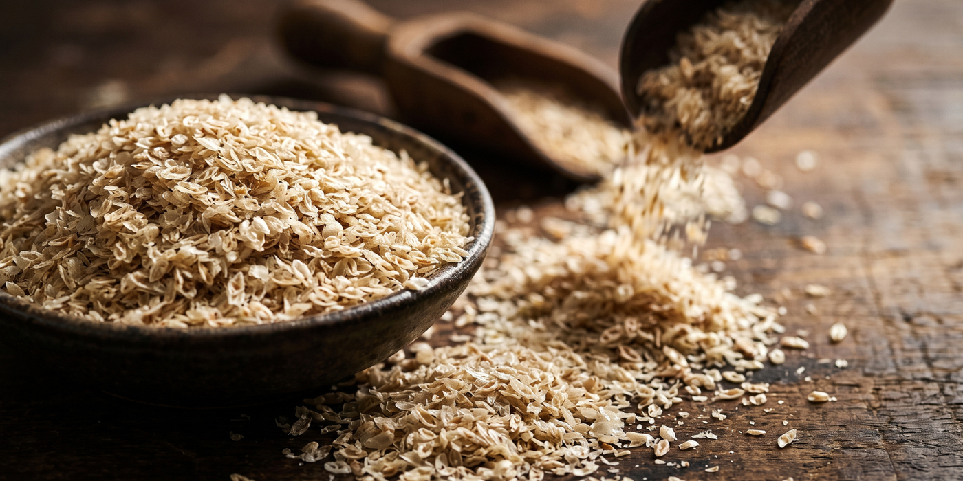 Psyllium husk in a big bowl and on a wooden table top