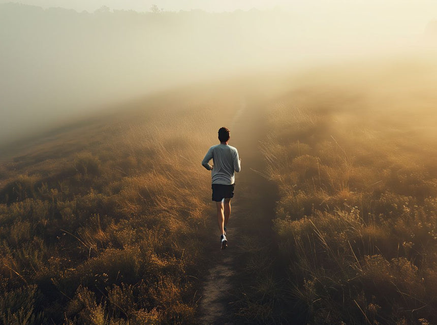 Runner seen from behind on a dirt trail through a sunlit foggy field.